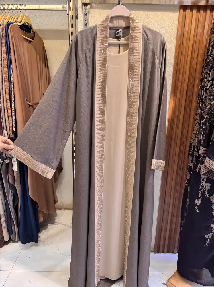 Embroidered Abaya Set — Taupe real-life photo — code 3425