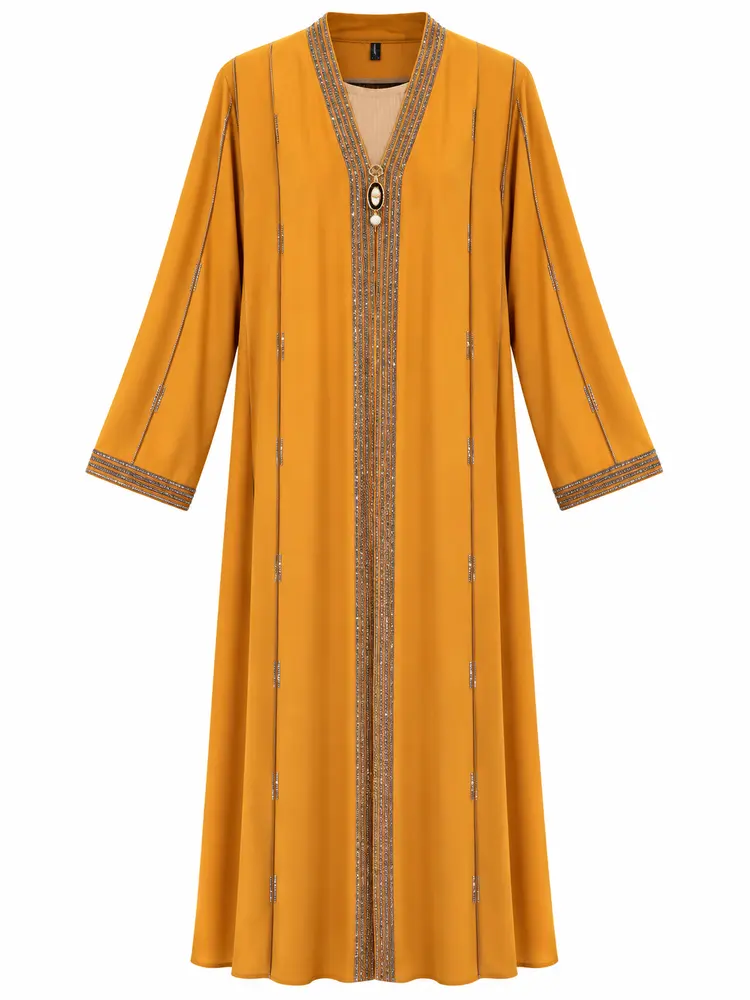 Embroidered Abaya Set — Mustard Gold — code 3435