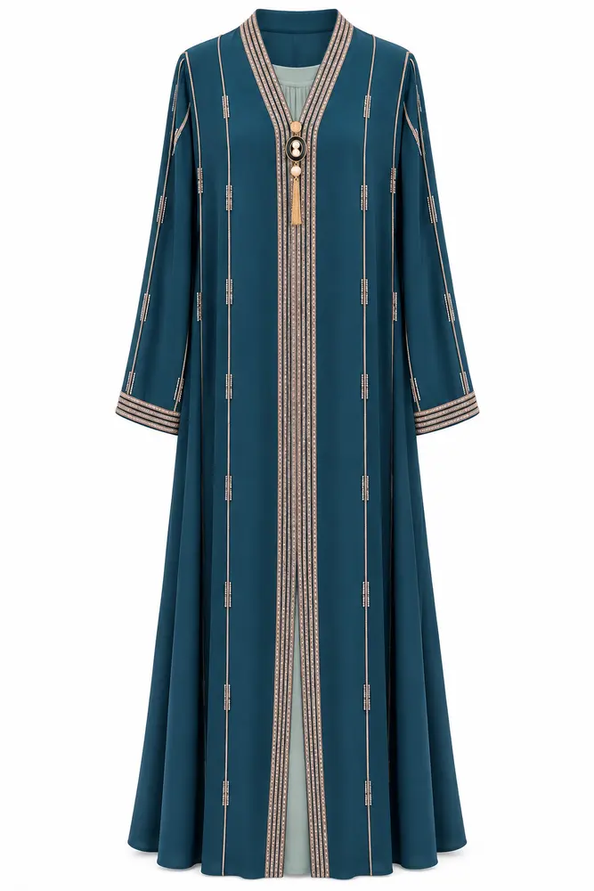 Embroidered Abaya Set — Petrol Blue — code 3433