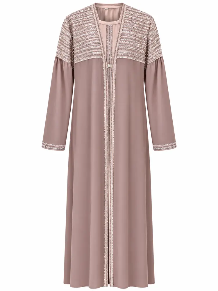 Embroidered Abaya Set — Mauve Pearl — code 3427