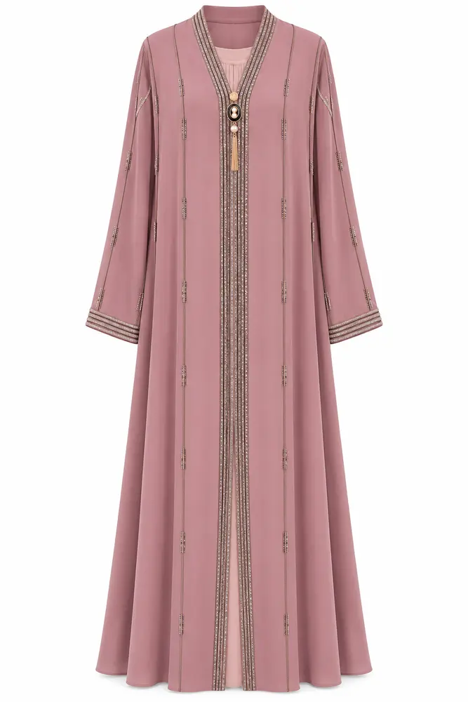 Embroidered Abaya Set — Dusty Rose — code 3436