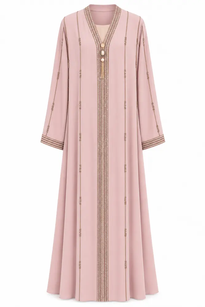 Embroidered Abaya Set — Blush Rose — code 3434