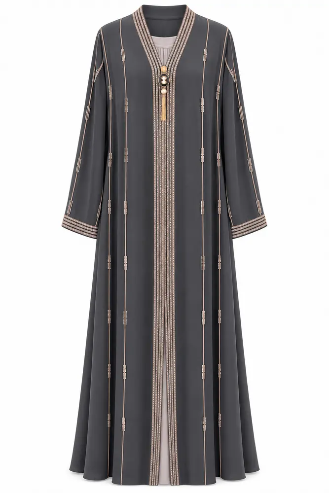 Embroidered Abaya Set — Graphite — code 3438